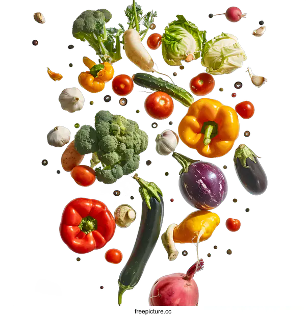 [Transparent Background PNG]Fresh Vegetables and Spices Falling on White Background