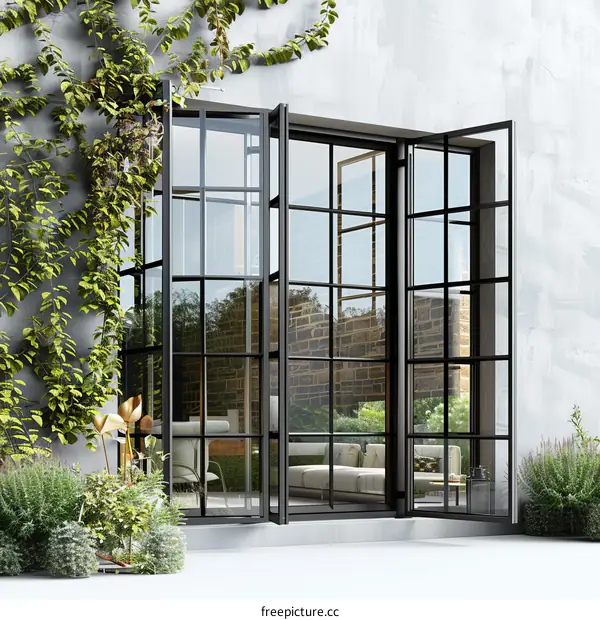 Black Framed Steel Windows and Doors with Plants Outside