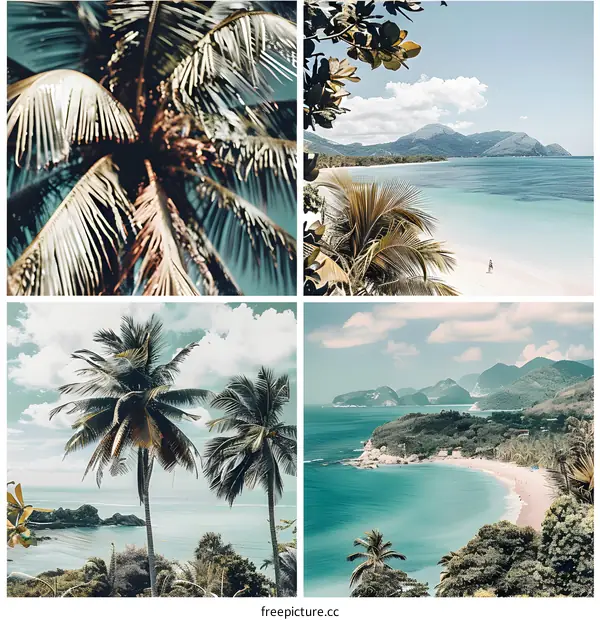 Tropical Beach Collage with Palm Trees and Ocean Views