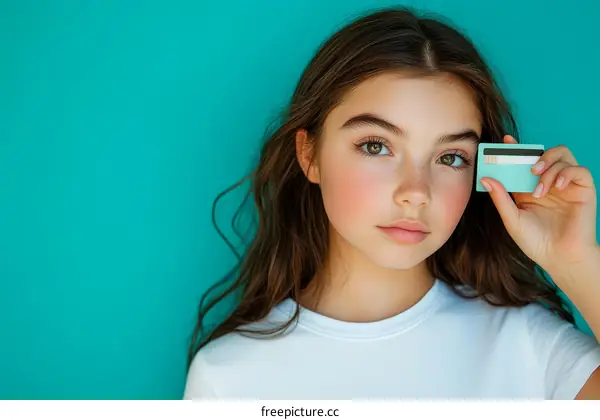 Teenage Girl Holding Credit Card Against Teal Background