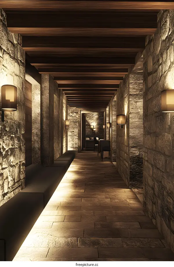 Stone Wall Corridor Interior Design With Wooden Beams