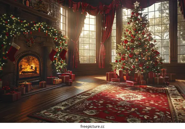 Christmas Interior with Fireplace and Tree