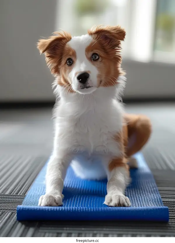 A cute puppy is stretching on a yoga mat