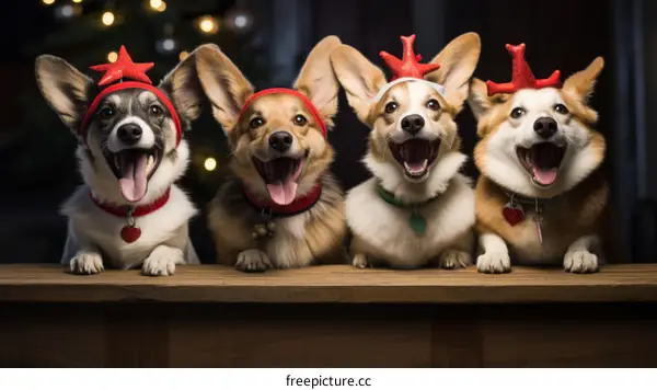 Four Jolly Corgis with Santa Hats Huddled by a Christmas Tree