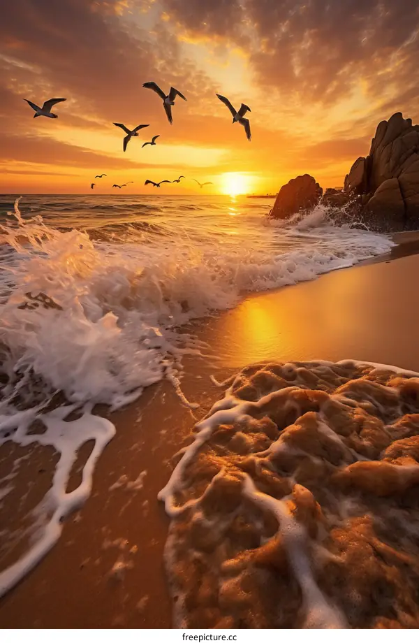 Seagulls in Flight at Sunset