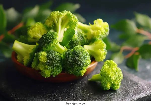 Fresh Broccoli in Wooden Bowl on Dark Background