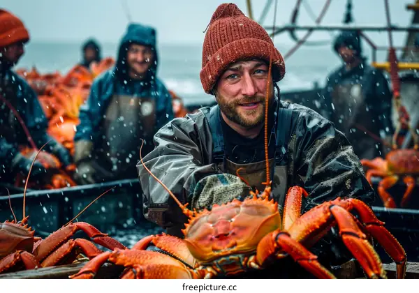 A group of漁夫 are working on a boat in the Bering Sea.