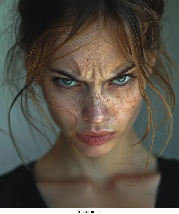 Close Up Portrait of a Woman with Freckles and Intense Gaze