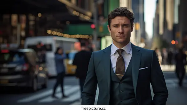 A young man in a suit is walking down a busy street in New York City.