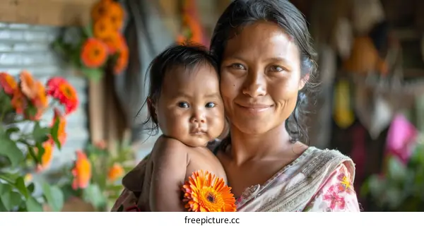 A portrait of a smiling mother and her baby in a rural setting