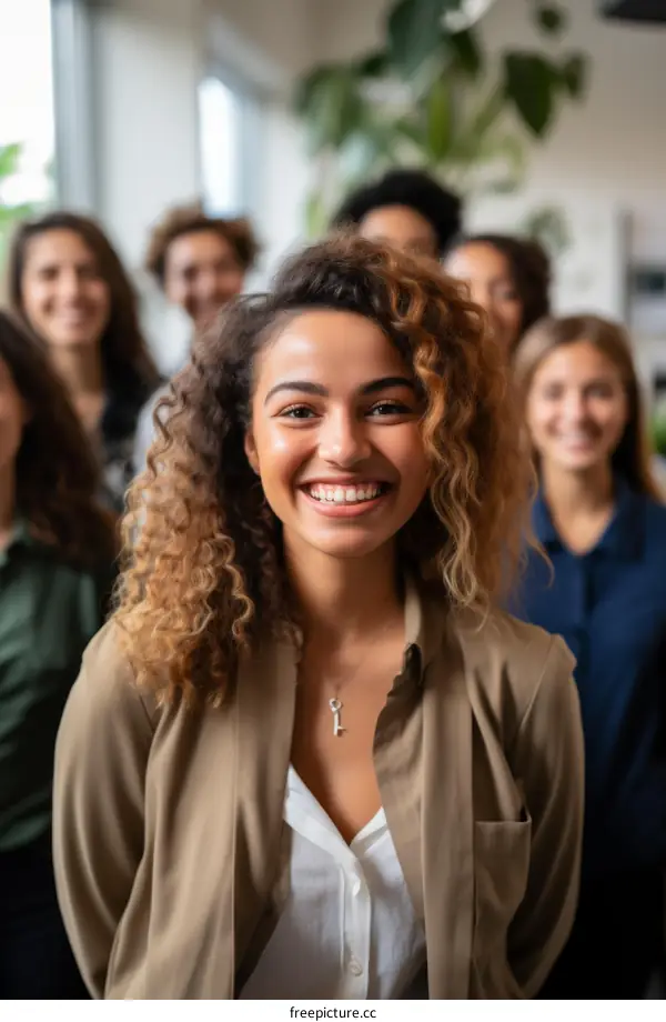 Portrait of a smiling young woman with curly hair in a group of people