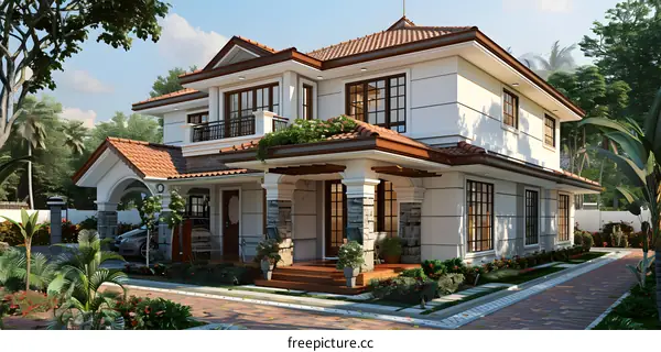 A beautiful house with a red roof and white walls