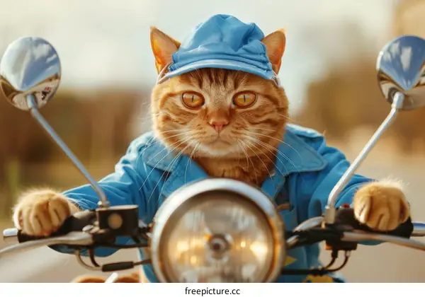Cat in a blue hat and blue jacket on a motorcycle