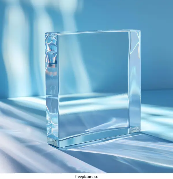 3D Rendered Glass Block with Blue Background