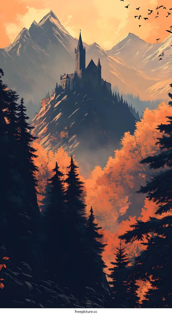 Mountain Landscape with Church and Autumn Trees