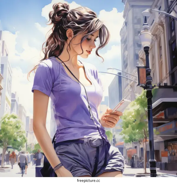 A young woman in a purple shirt is walking down a city street looking at her phone