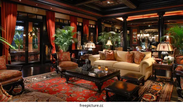 Elegant living room with dark wood, red accents and oriental rug