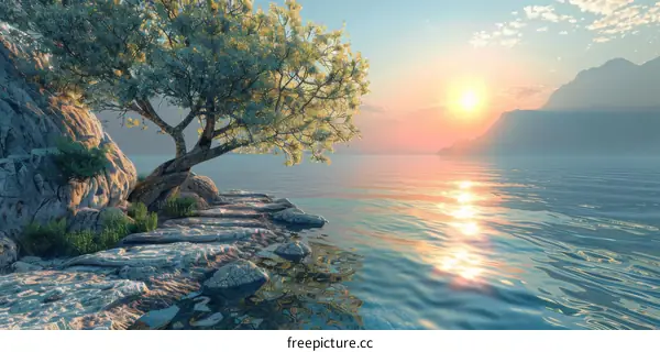 Tranquil Lake Scene with Mountain and Oak Tree at Sunset