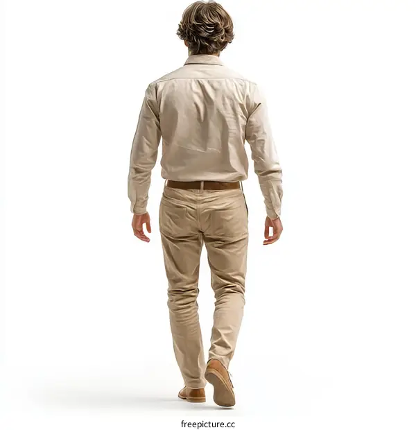 Man Walking in Beige Outfit on White Background