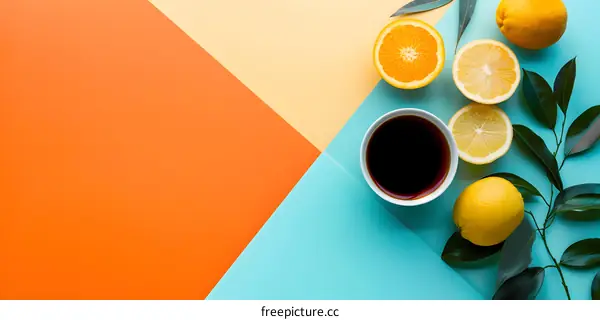 Flat Lay of Lemons and Oranges with a Cup of Tea on a Colored Background