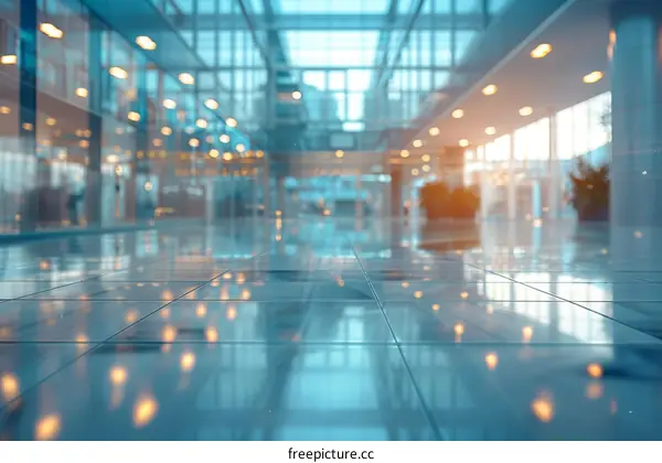 An empty airport terminal with shiny floor tiles