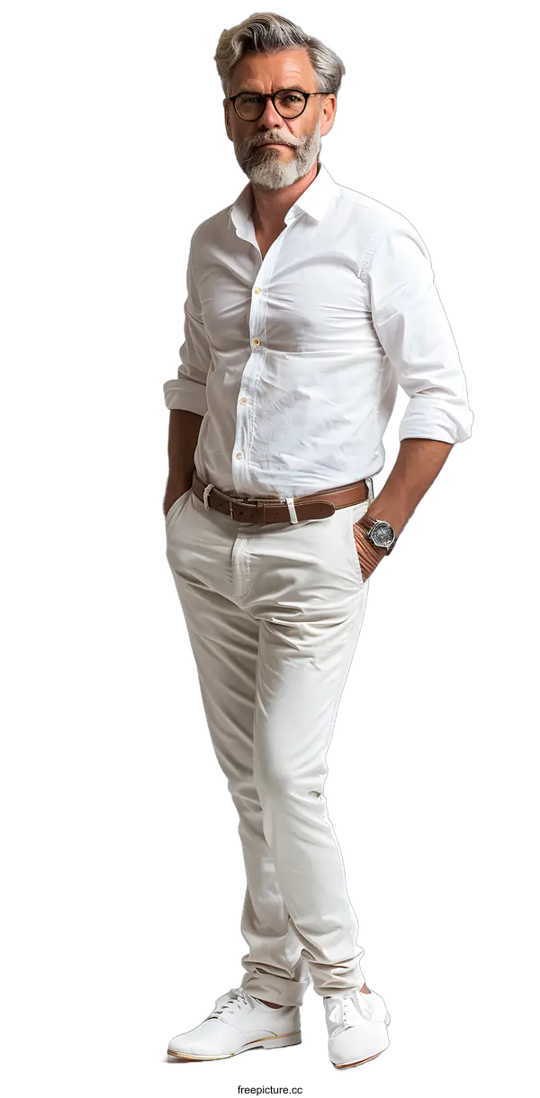 [Transparent Background PNG]A man wearing a white shirt and white pants is posing in front of a white background