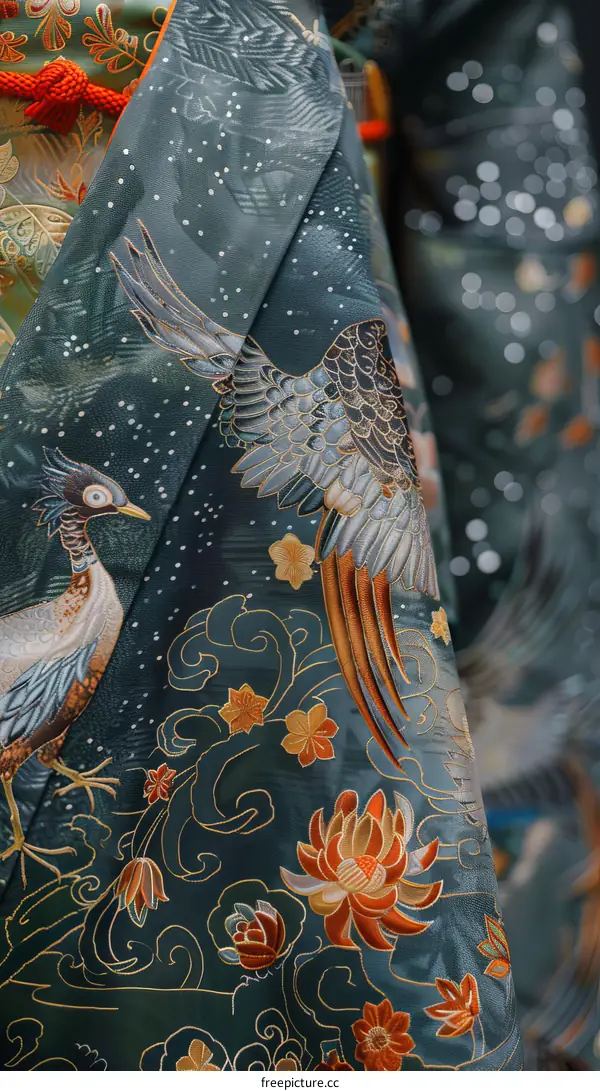 A close-up of a kimono with a pattern of peacocks and flowers
