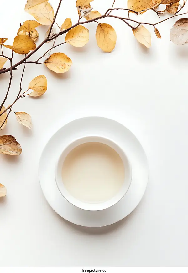 White Cup With Tea On A White Background With Fall Leaves