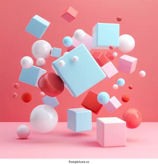 Colorful 3D cubes and spheres composition with pink background