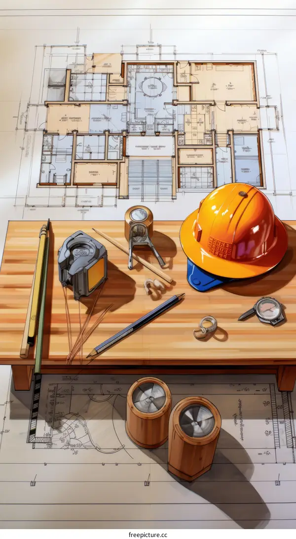 Construction Blueprint of a House Plan on a Table with Safety Gear