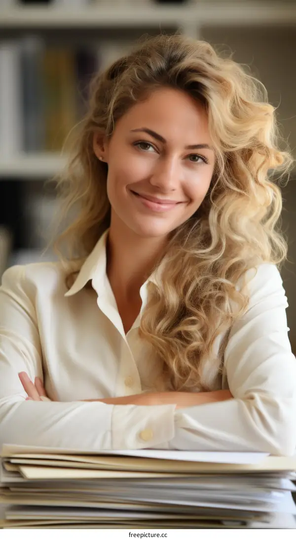 Portrait of a smiling businesswoman with long blond hair wearing a white blouse sitting at her desk with a stack of documents in front of her