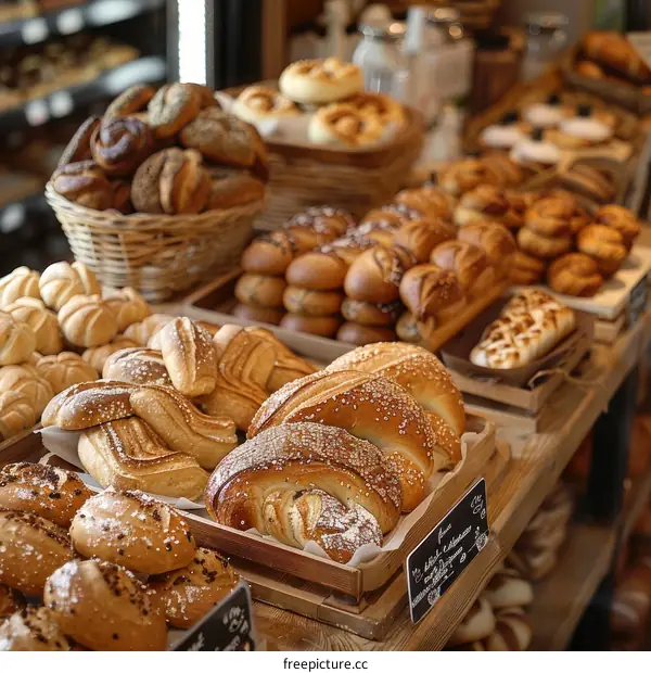 Freshly baked bread and pastries on wooden shelves in a bakery