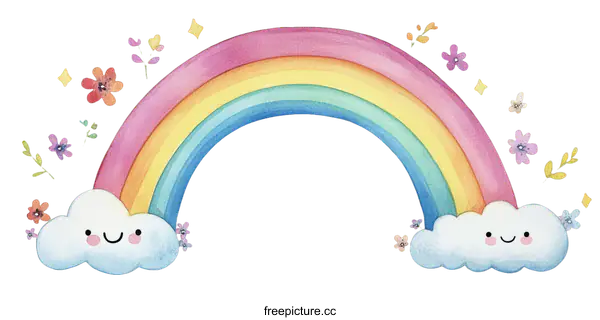 [Transparent Background PNG]Rainbow and Clouds Watercolor Illustration