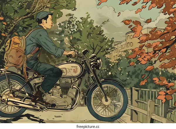 Man Riding Motorcycle on a Bridge with a Backpack in a Forest