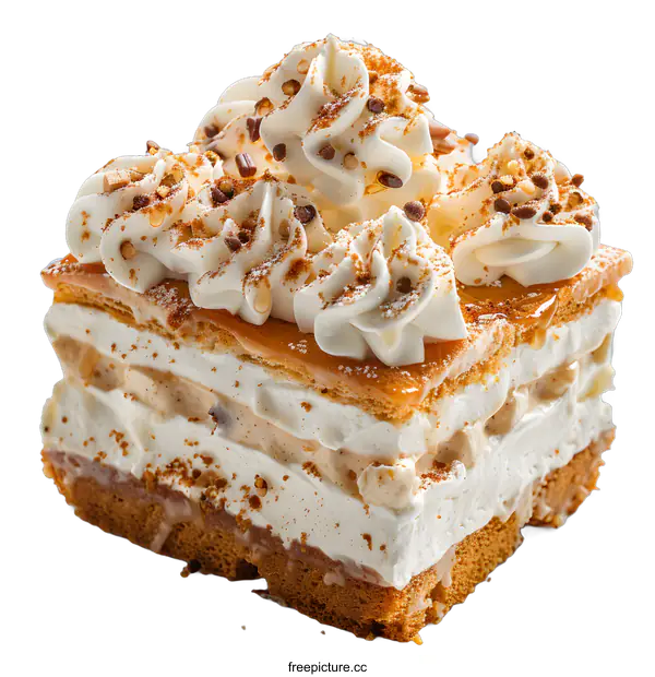 [Transparent Background PNG]A decadent slice of cake with layers of cream and caramel