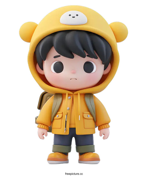 [Transparent Background PNG]3D illustration of a boy wearing a yellow bear hoodie