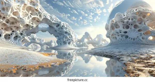 Surreal landscape with strange rock formations resembling organic structures