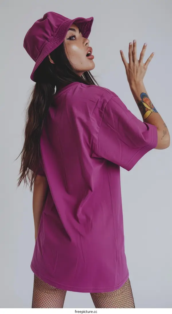 A woman wearing a purple oversized shirt and a purple bucket hat