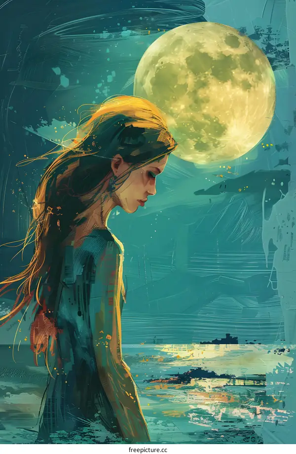 fantasy girl standing by water at night