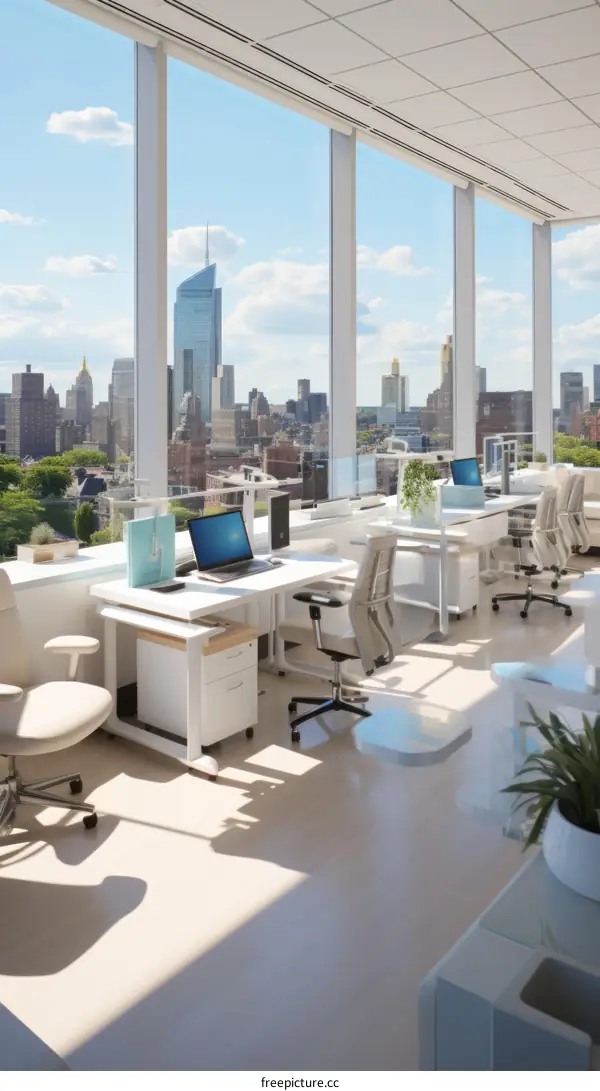 Modern office space with large windows and a view of the city