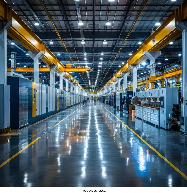 Modern Factory Interior with Yellow Overhead Cranes