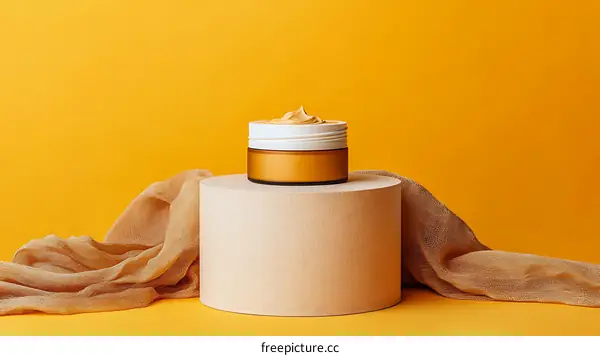 Cosmetic Jar Display on a Beige Cylinder
