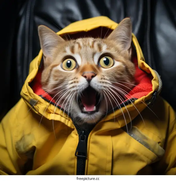 A ginger cat wearing a yellow raincoat is looking at the camera with its mouth wide open