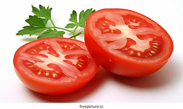 Two halves of a tomato with parsley