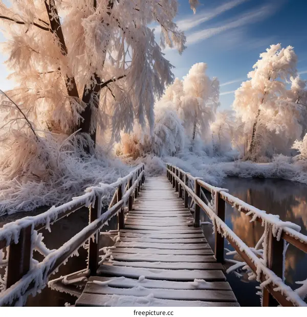 Snow-Covered Wooden Bridge in Winter Forest