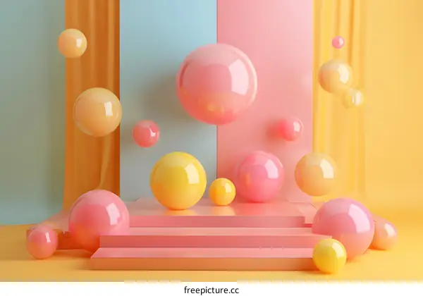 Pink and yellow balls floating on a podium with a pastel colored background