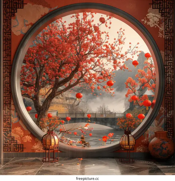 Chinese Window with Autumnal Blossoms and Red Lanterns