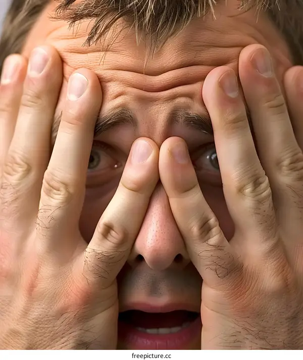 Close Up Portrait Of A Caucasian Man With His Hands Covering His Face