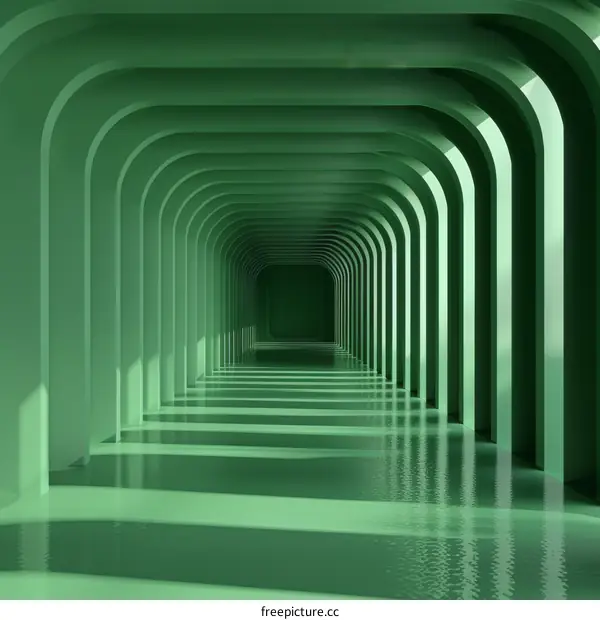 Futuristic green tunnel with arches and reflective floor