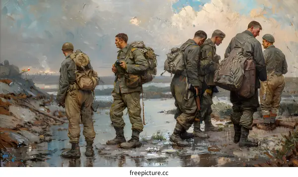 Weathered Soldiers Trudge Through a Muddy Battlefield